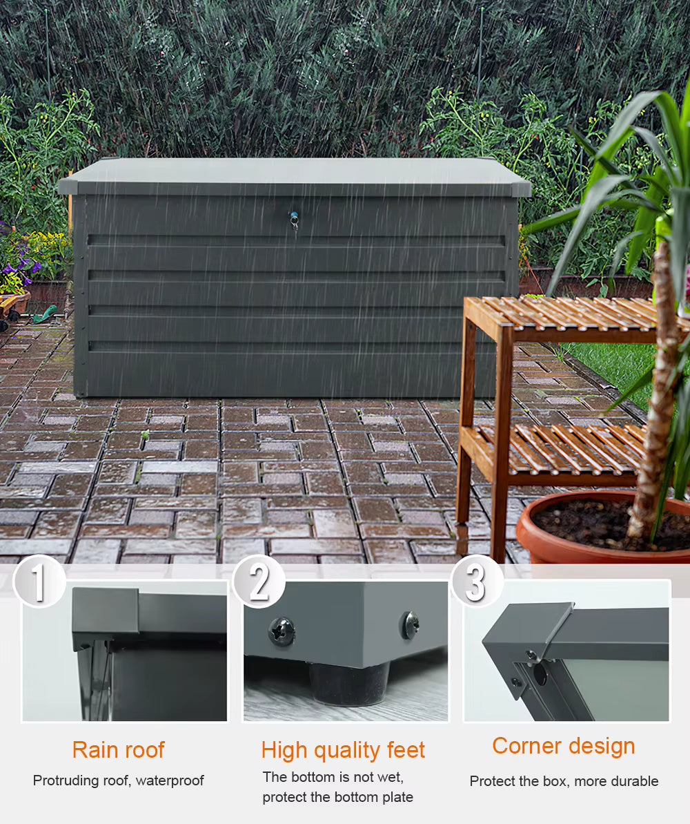 Large Capacity Galvanized Steel Lockable Garden Storage Box, Weatherproof Outdoor Tool Cabinet with Secure Lock