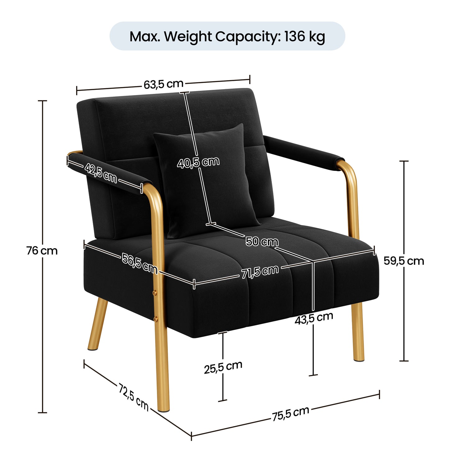 Accent Chair, 75.5 cm Wide Velvet Upholstered Accent Bedroom Chair with Gold Metal Frame & Cosy Pillow, Modern Design