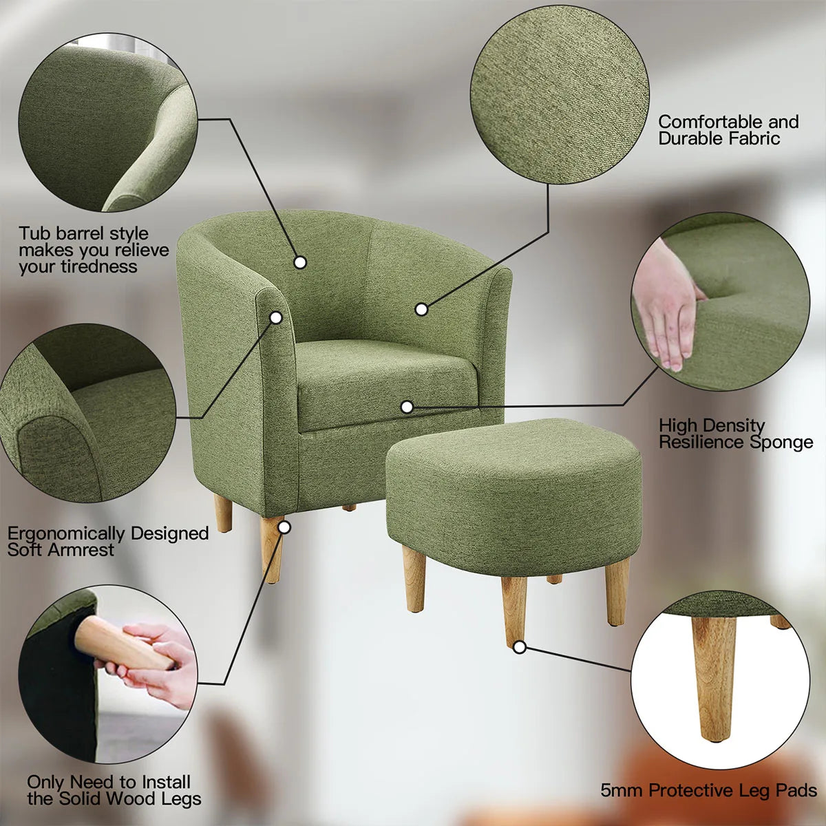 Bucket Chair Snuggle Boucle Arm Chair with Footstool for Bedroom Single Sofa Comfy Accent Tub Chairs Armchair for Livng Room
