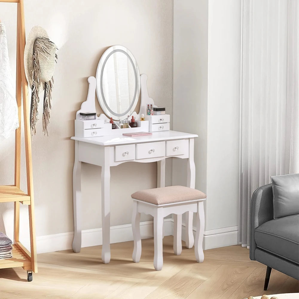 Modern Vanity Makeup Table and Cushioned Stool Set with 7 Drawers