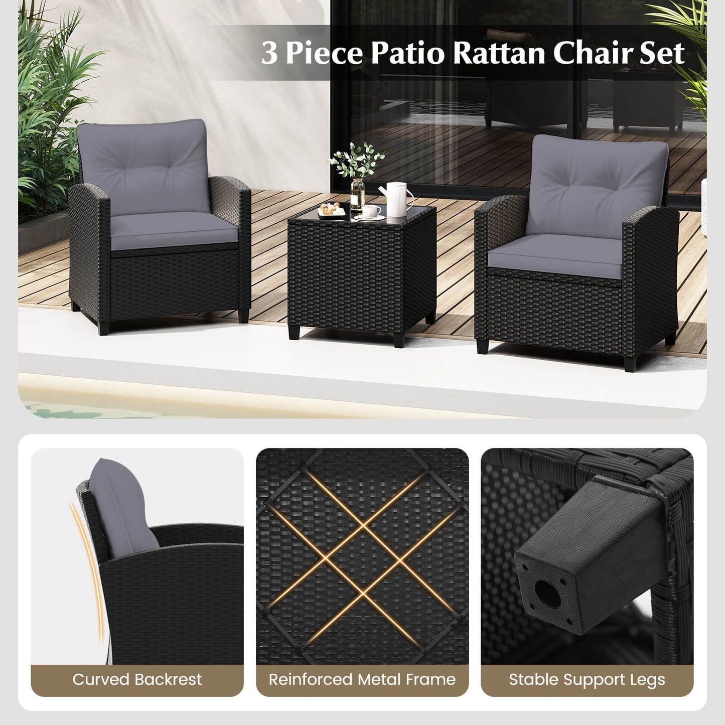 Stylish 3-Piece Rattan Patio Furniture Set with Comfortable Cushions for Ultimate Relaxation