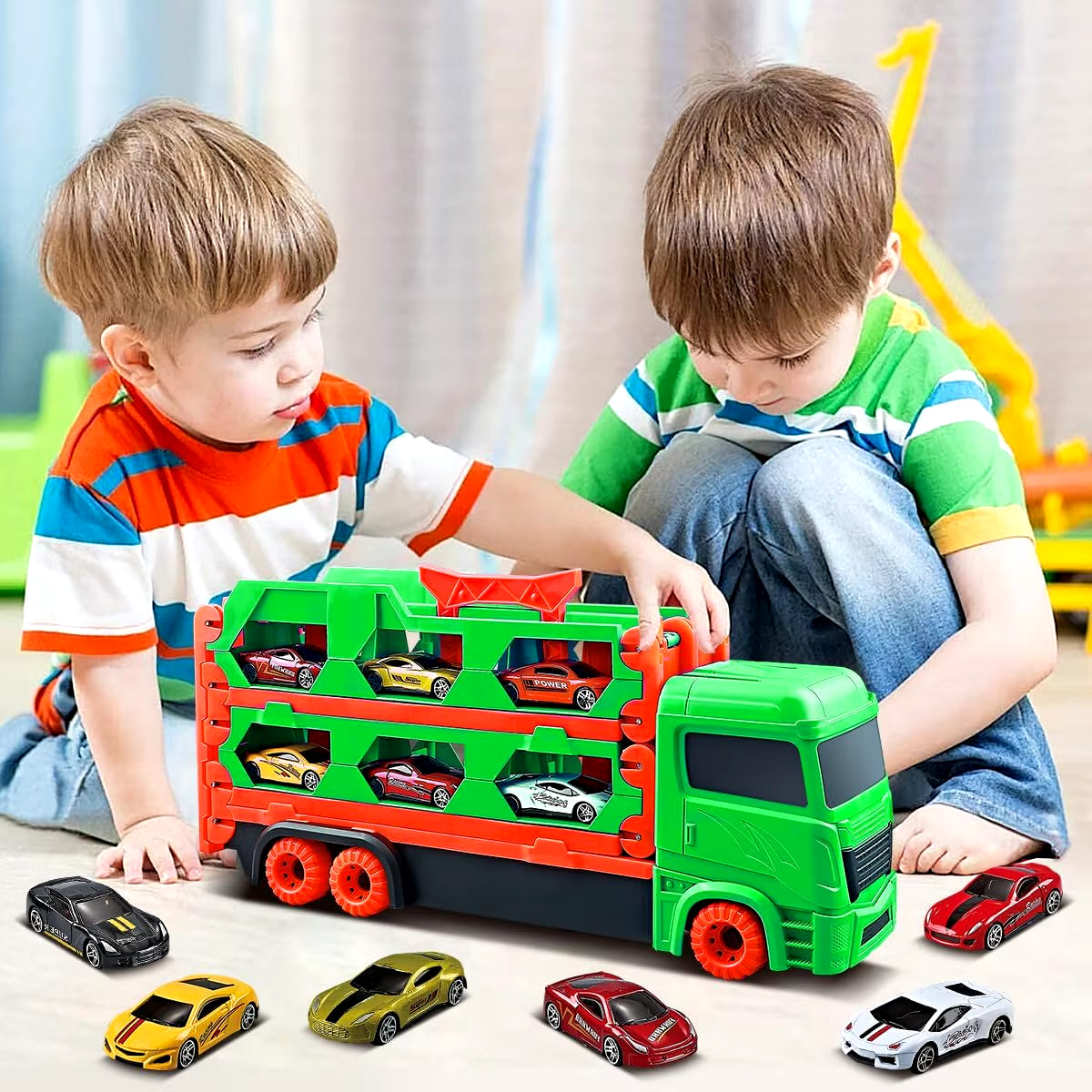 Expandable 1.65M Truck 6X Race Cars Toy for Boys Age 3+ Portable Transport Track Truck Vehicle Toy Set for Kids Gifts