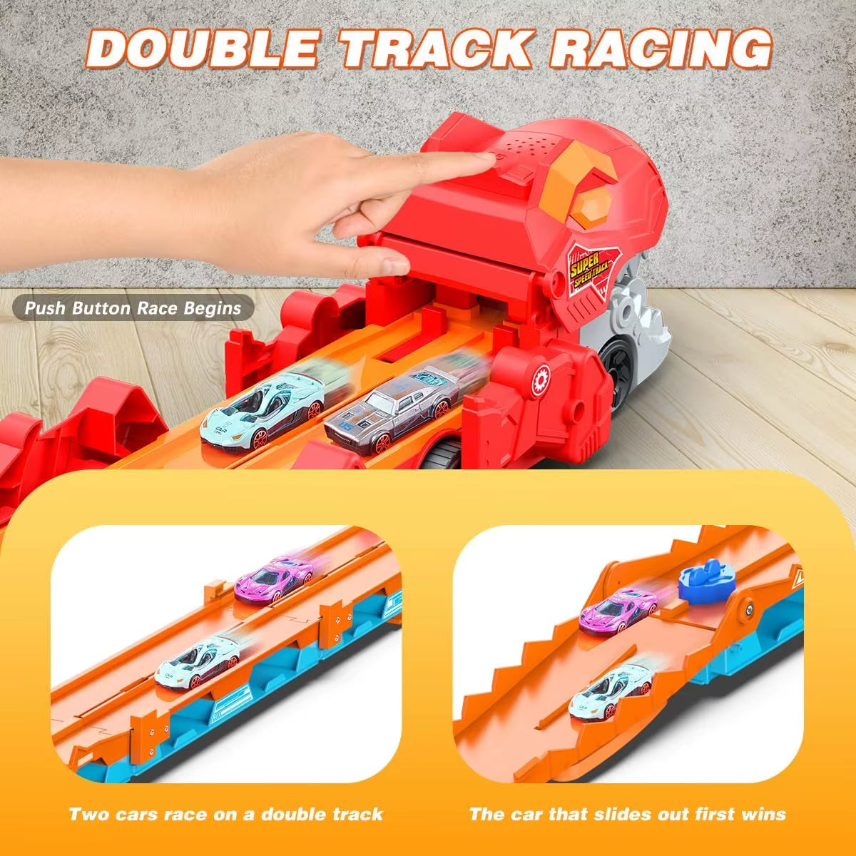 Dinosaur 3-in-1 Transport Truck with 8 Race Cars - Ejection Folding Portable Track Toy with Sound for Kids Age 3+
