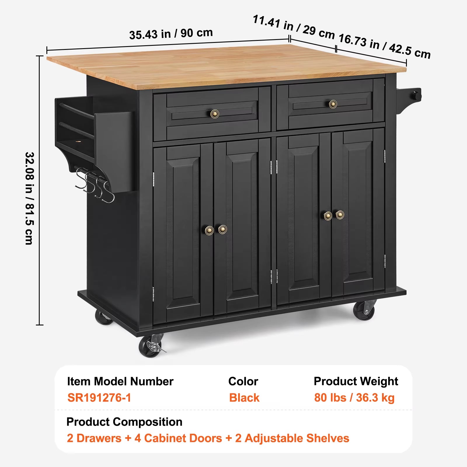 43" Kitchen Island Cart Wood Top Mobile Carts with Storage Cabinet Rolling Table with Drop Leaf Spice Rack Towel Bar Black