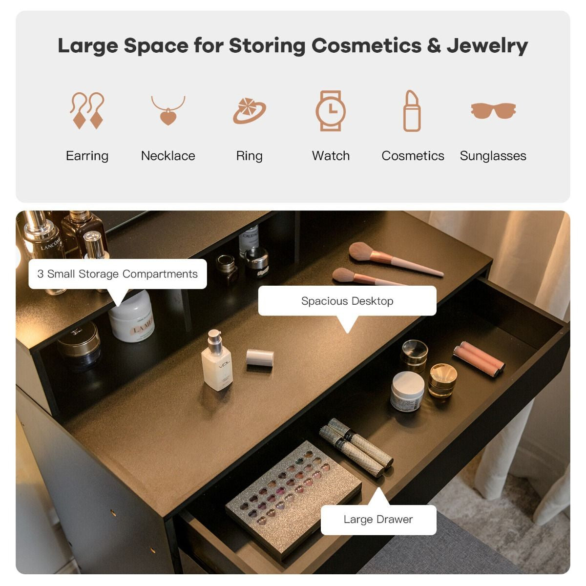 Illuminate Your Beauty: Modern LED Lighted Vanity Set with Spacious Drawer for Effortless Makeup Application