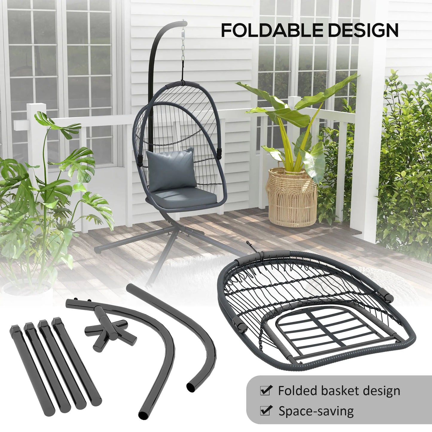 PE Hanging Swing Chair W/ Cushion, Patio Hanging Chair, Grey