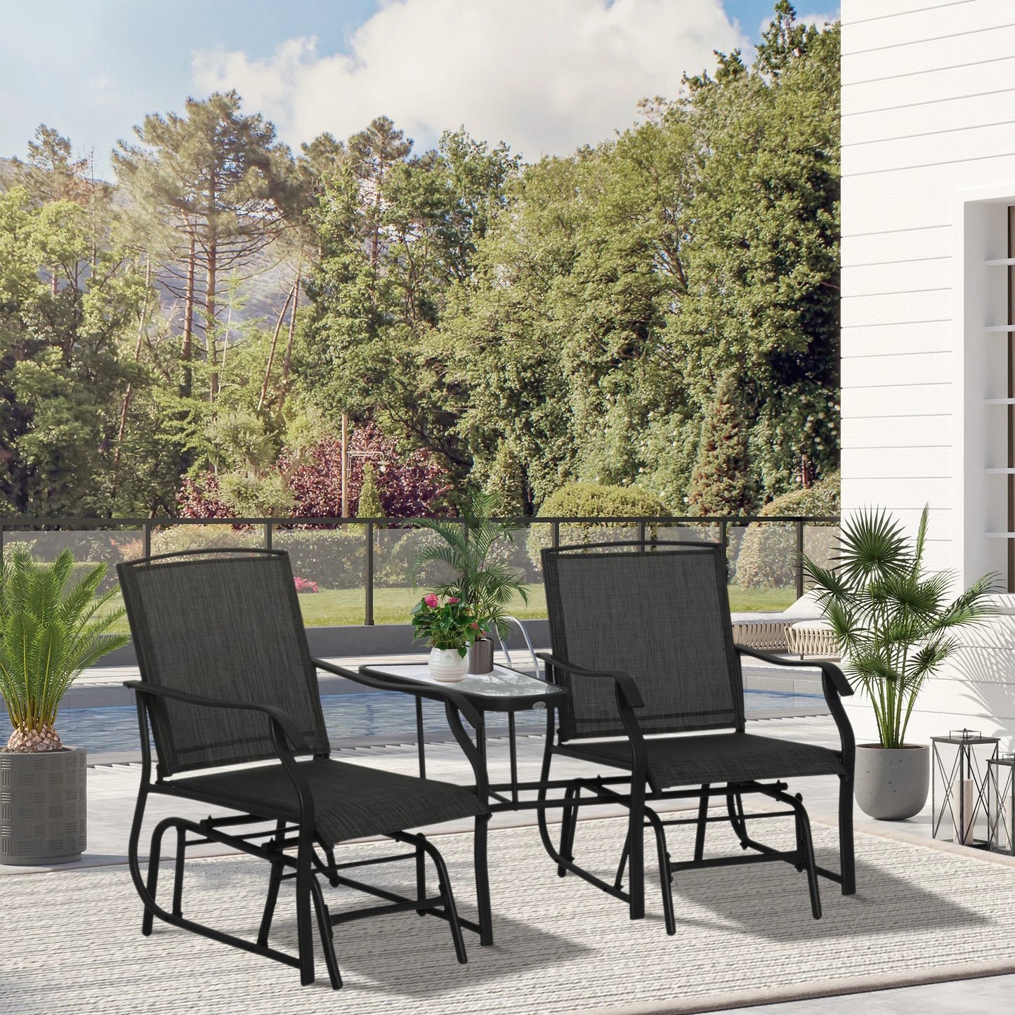 Black Double Glider Rocking Chair Loveseat with Garden Table