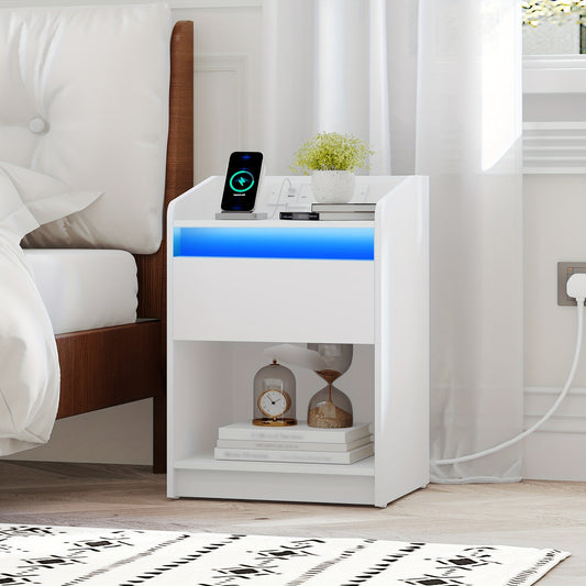 Bedside Table with LED Light - Side Table with Charging Station, 1 Storage Drawer Bedside Table