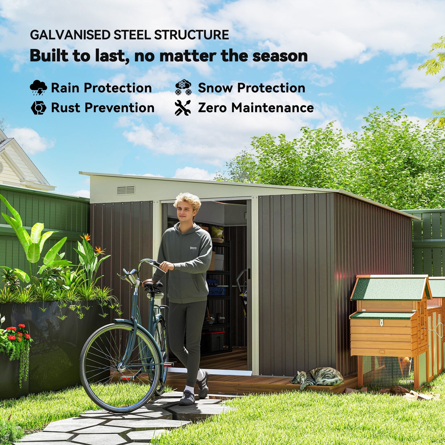 Outdoor 11.3x9.2ft Steel Garden Shed with Double Doors & Vents – Grey