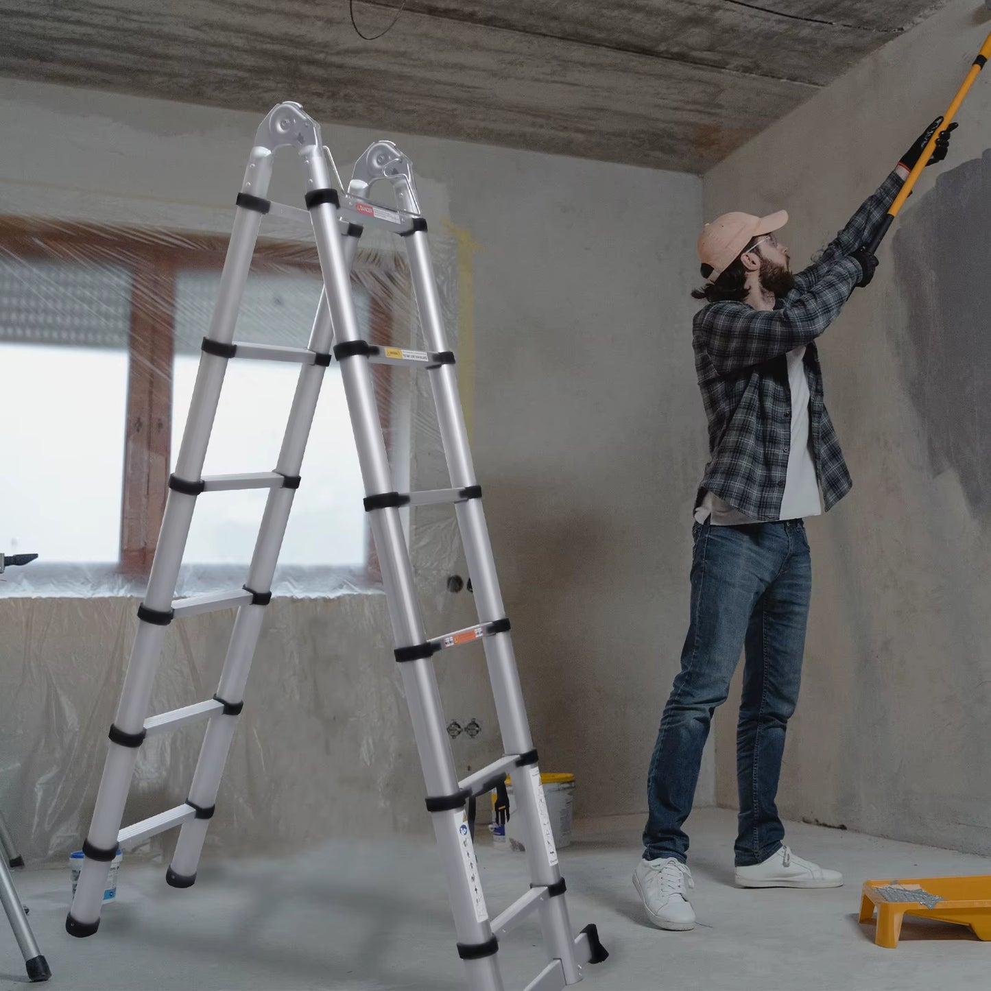 A-Ladder, Straight Telescopic Ladder with Non-Slip Feet, Load Capacity of 330Lbs, Foldable, for Home or RV Outdoor Work