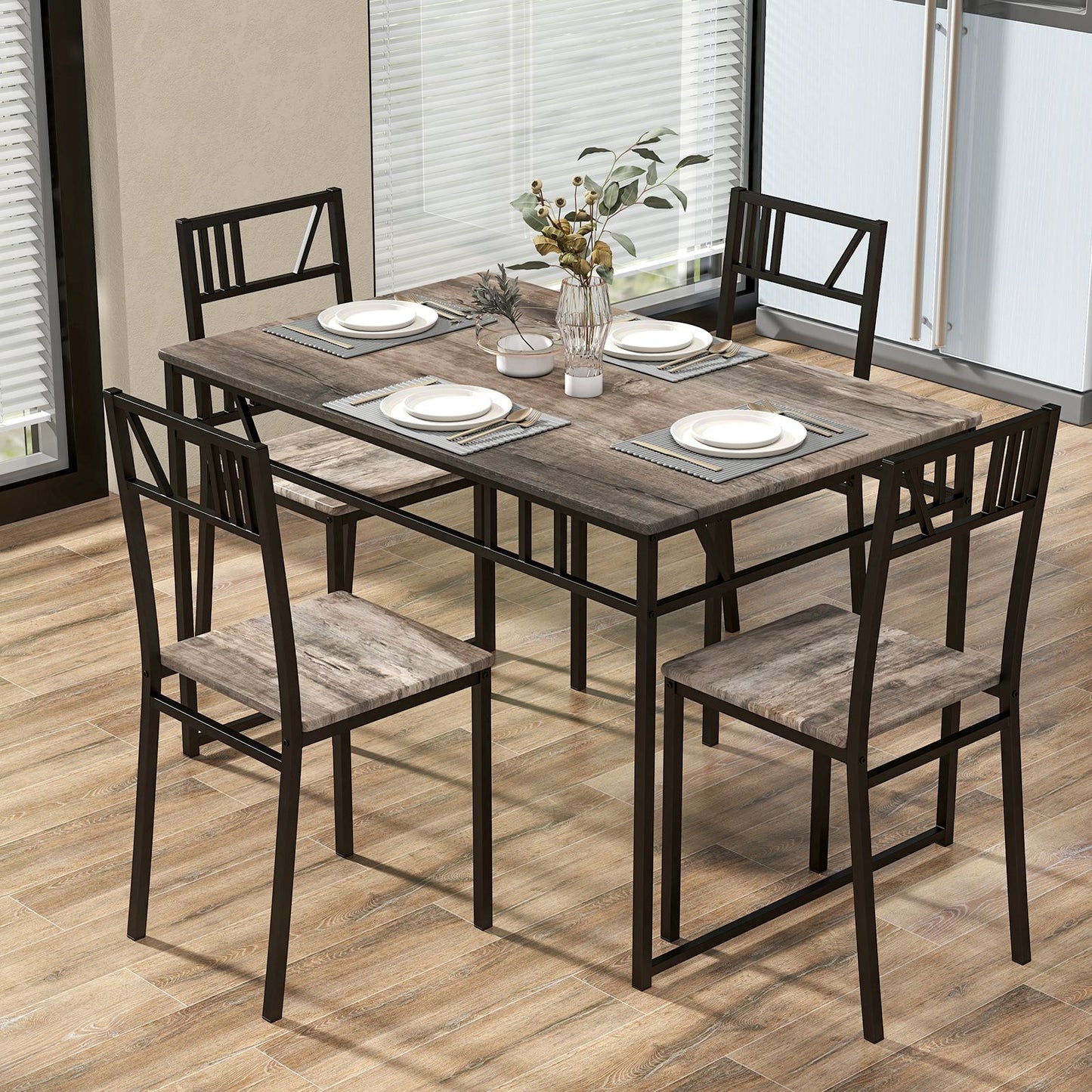 Stylish Industrial Kitchen Table Set with 4 Chairs - Wood-Look Top & Sturdy Metal Frame