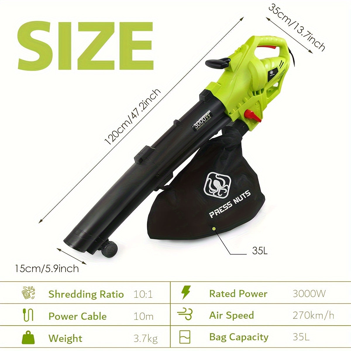 3000W 3-in-1 Leaf Blower & Vacuum Cleaner - Efficient Garden Leaf Collection with Large Storage Bag, Green