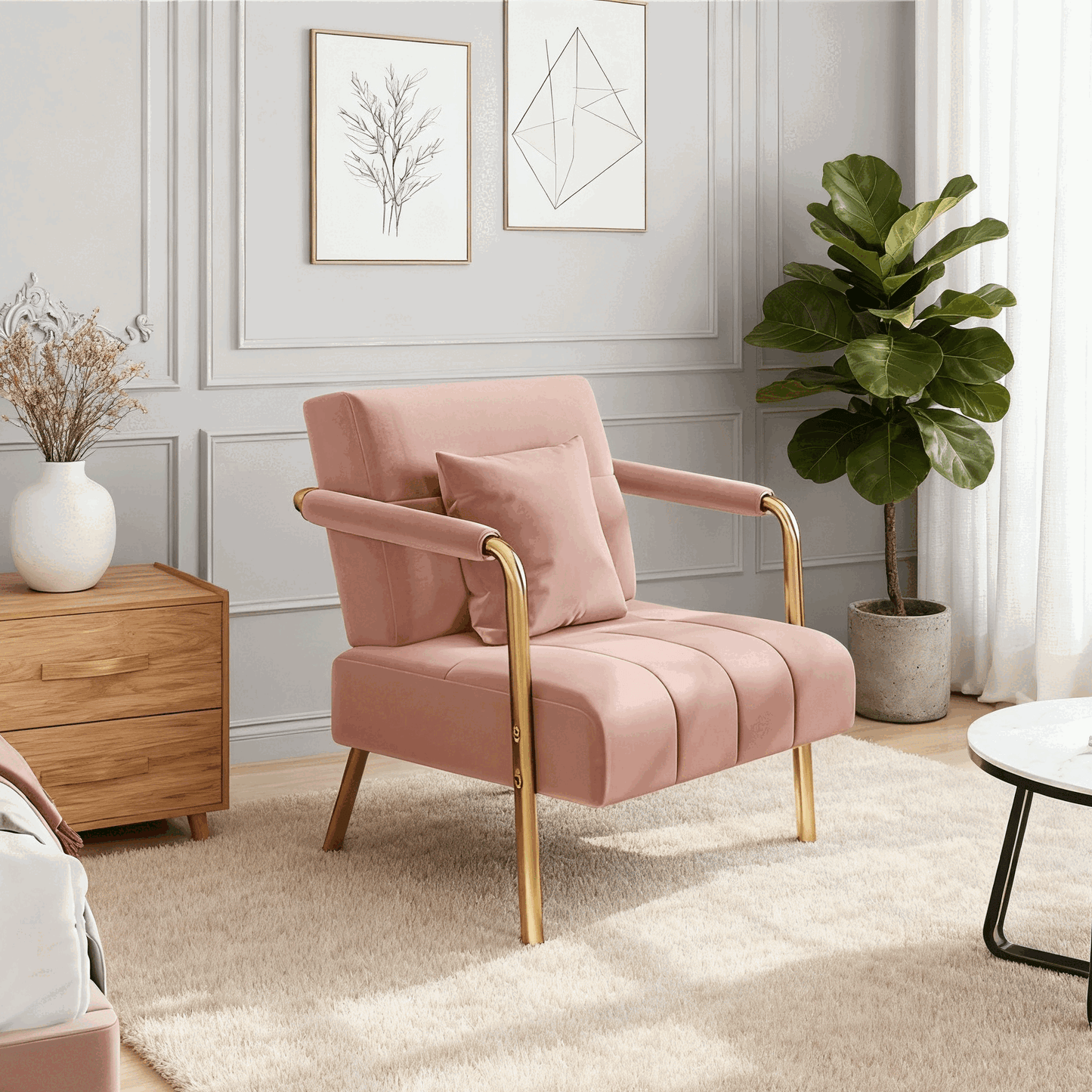 Accent Chair, 75.5 cm Wide Velvet Upholstered Accent Bedroom Chair with Gold Metal Frame & Cosy Pillow, Modern Design