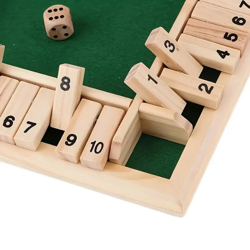 Classic 4-Sided Wooden Shut-The-Box Game with Dice - Timeless Tabletop Fun for Family and Friends