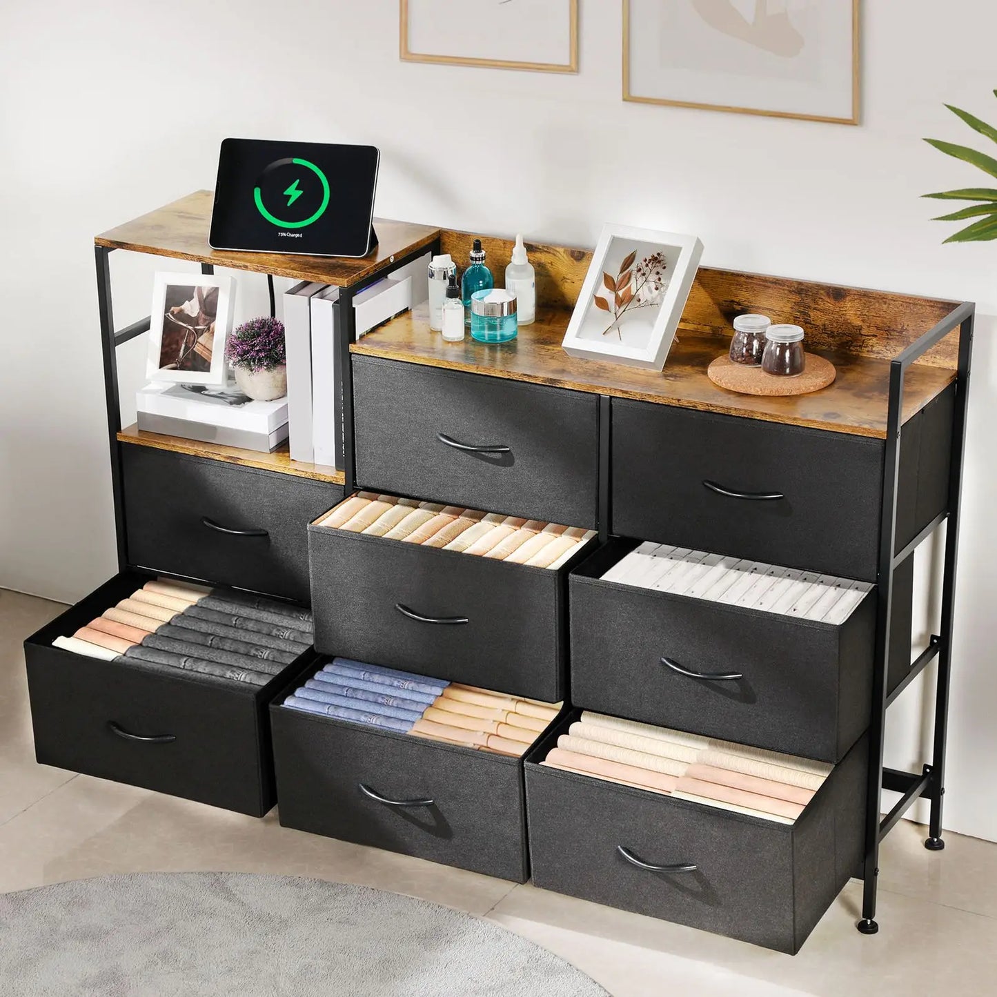 Brown Multi-Purpose Organizer Storage Cabinet with 8 Fabric Drawers & Open Shelf