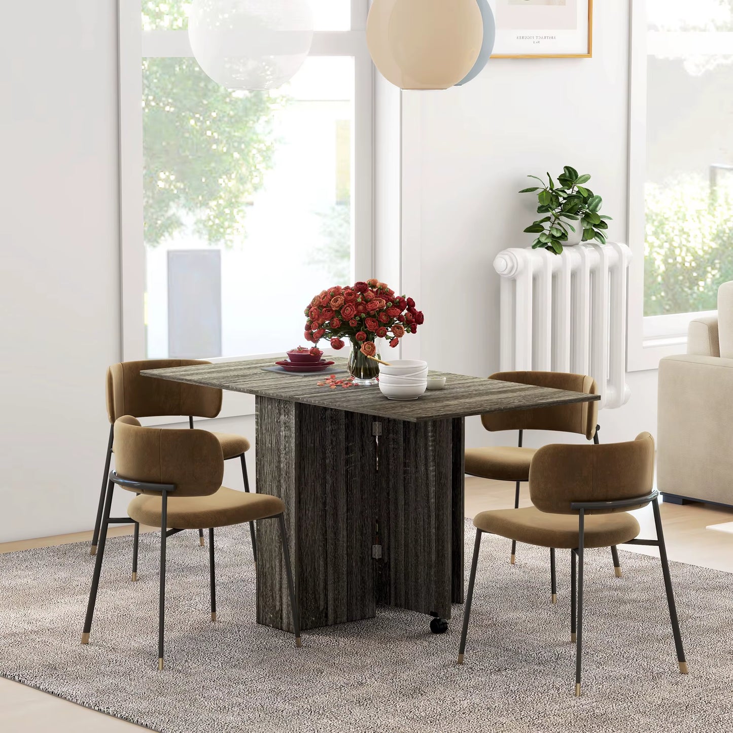 Mobile Drop Leaf Dining Table Folding Desk W/ 2 Wheels Dark Grey