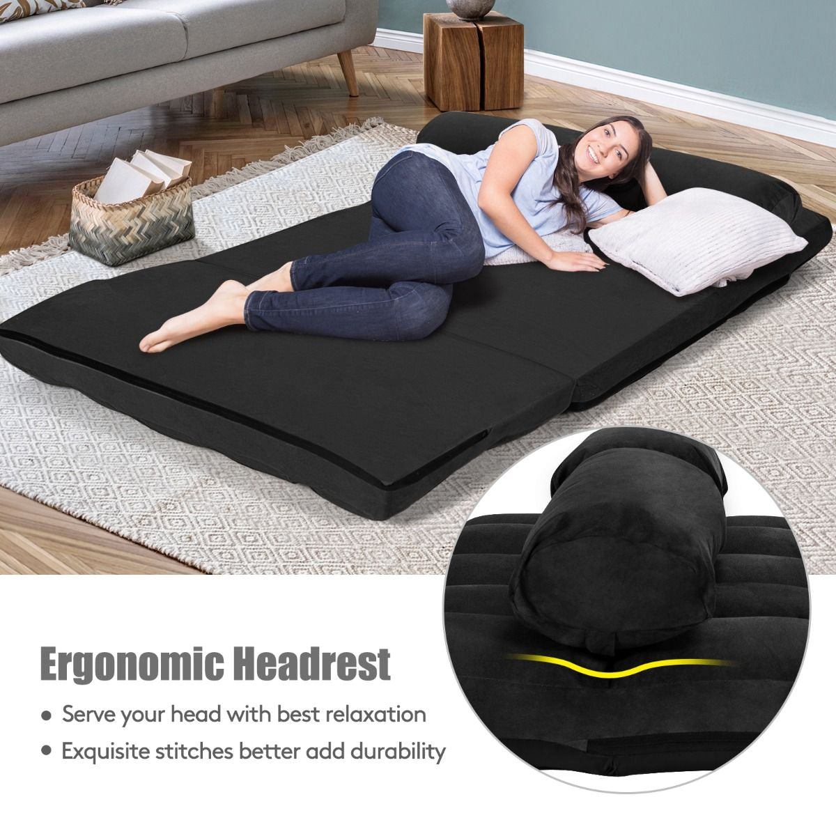 2 in 1 Folding Floor Lazy Sofa Bed with 6 Adjustable Seat Positions and 2 Pillows