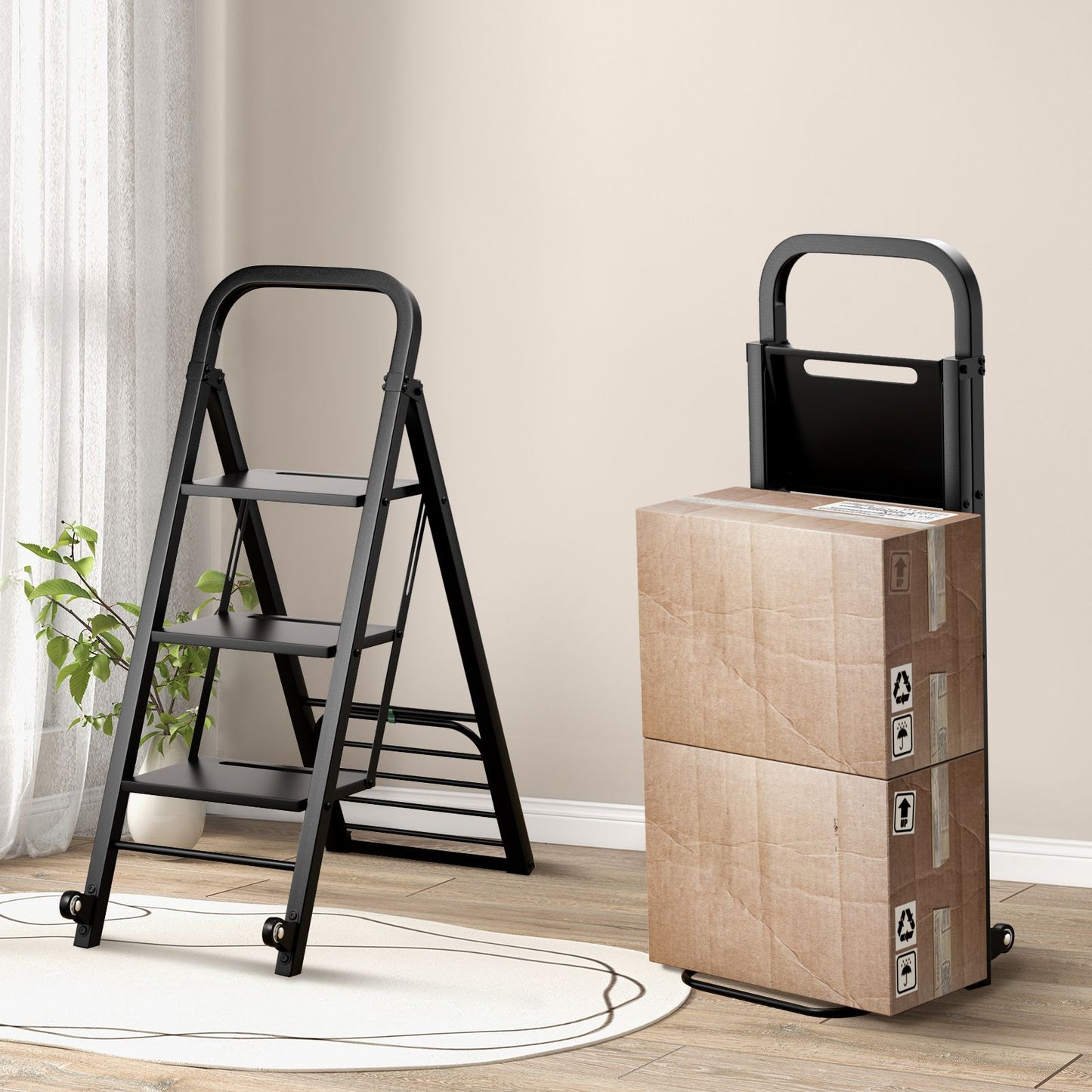 2-In-1 Hand Truck and Ladder Foldable 3-Step Ladder with Non-Slip Wide Pedals