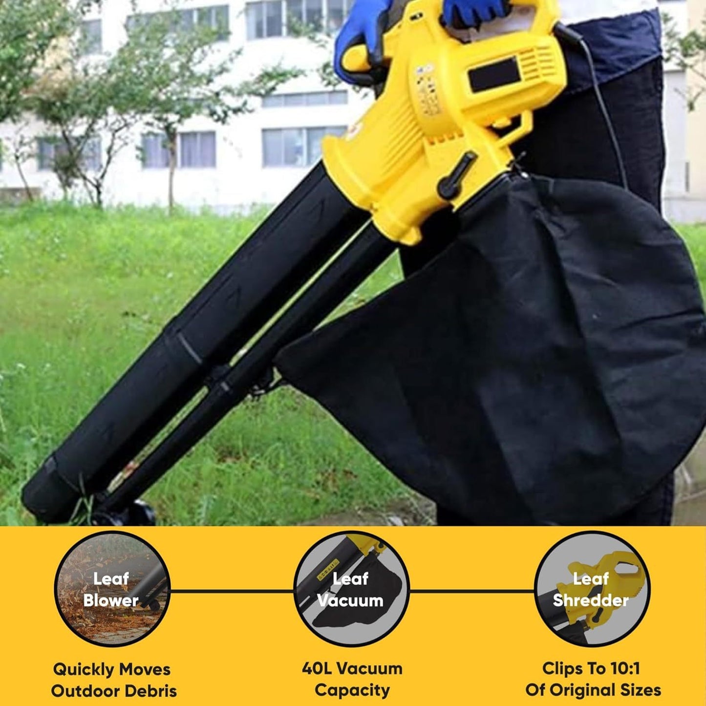 3-in-1 Lightweight Leaf Blower, Garden Vacuum & Mulcher 3000W, 40L Bag for Easy Clearing