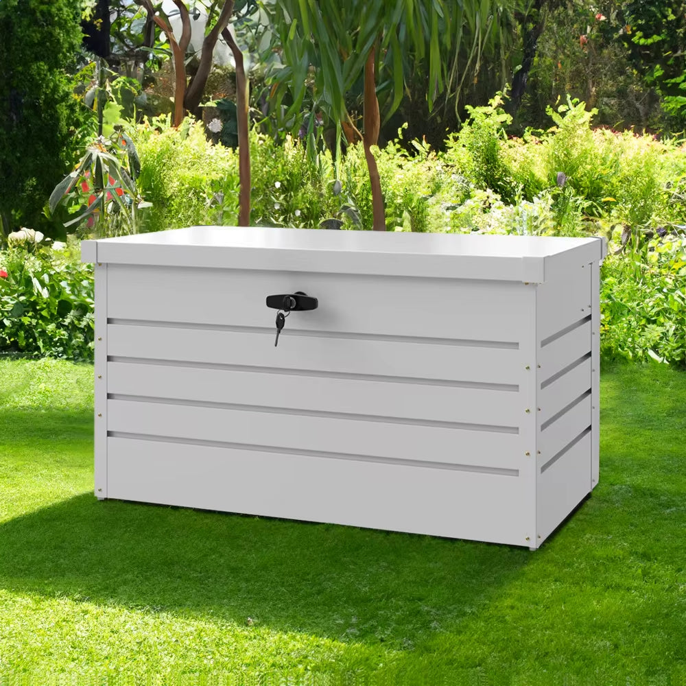 Large Capacity Galvanized Steel Lockable Garden Storage Box, Weatherproof Outdoor Tool Cabinet with Secure Lock