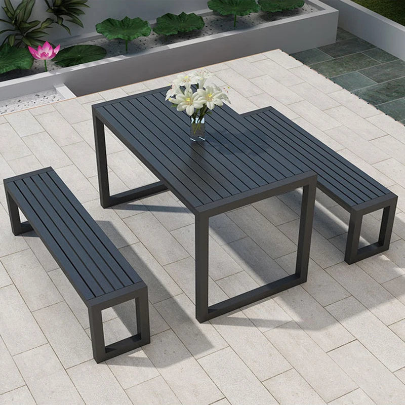 Outdoor Wooden and Metallic Dining Table with Parasol Hole and Benches Set