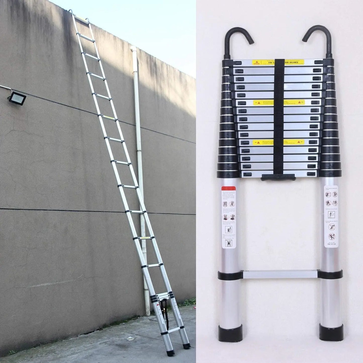 Telescopic Ladder 6.2M/20.3FT W/Detachable Hooks&Extendable Steps,Folding Tall Loft Collapsibleladder with Non-Slip Feet