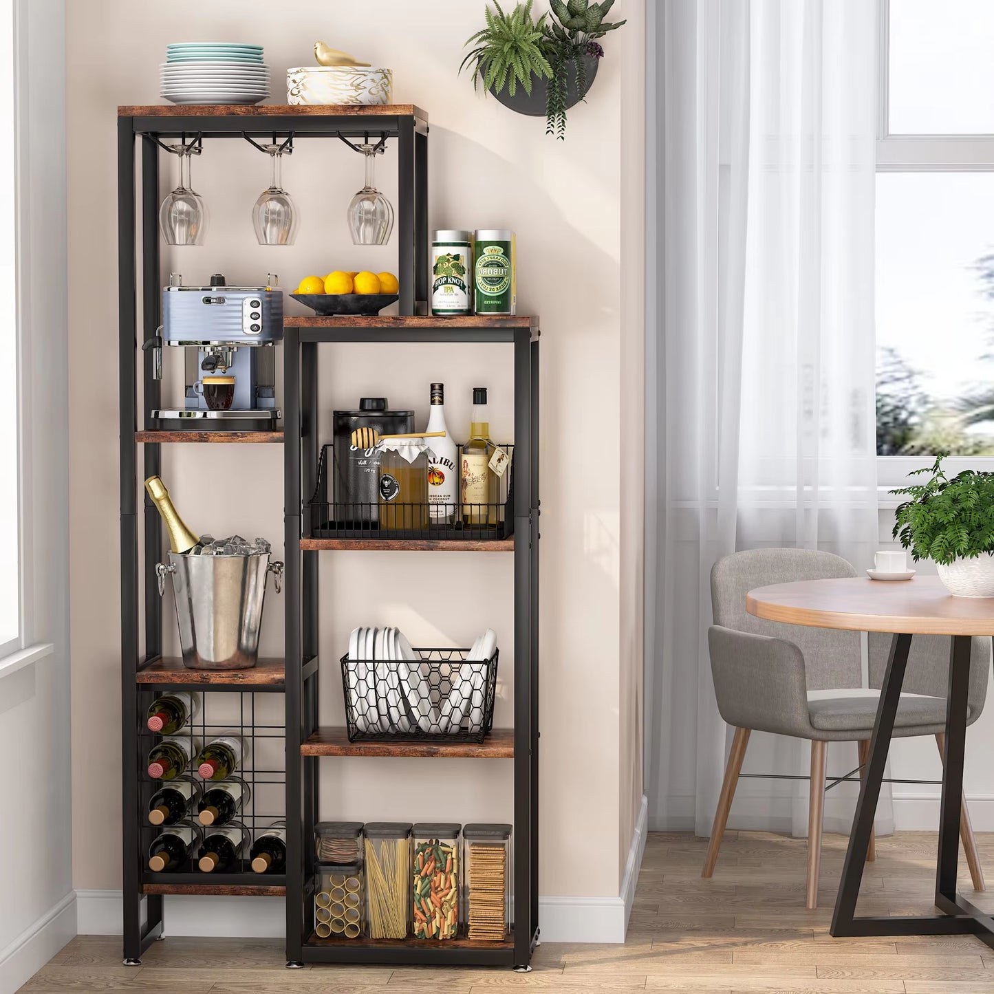 Stylish 5-Tier Freestanding Wine Rack with Glass Holder - Industrial Wine Storage & Display Shelf