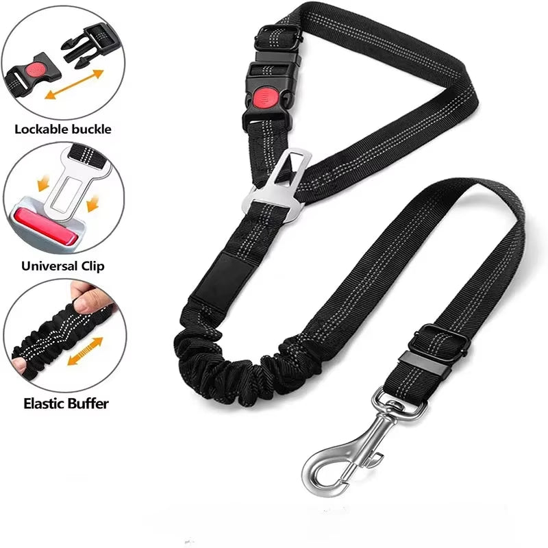 Adjustable Pet Car Seat Belt Restraint with Elastic Bungee for Dog Harness and Reflective Leash for Safe Vehicle Travel