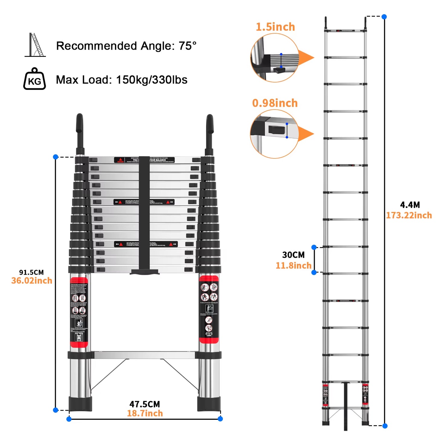 Telescopic Ladder Stainless Steel,Load 150Kg, Convenient Extendable ,For Pulling Walls, Changing Light Bulbs,Repairing Roofs,Rv