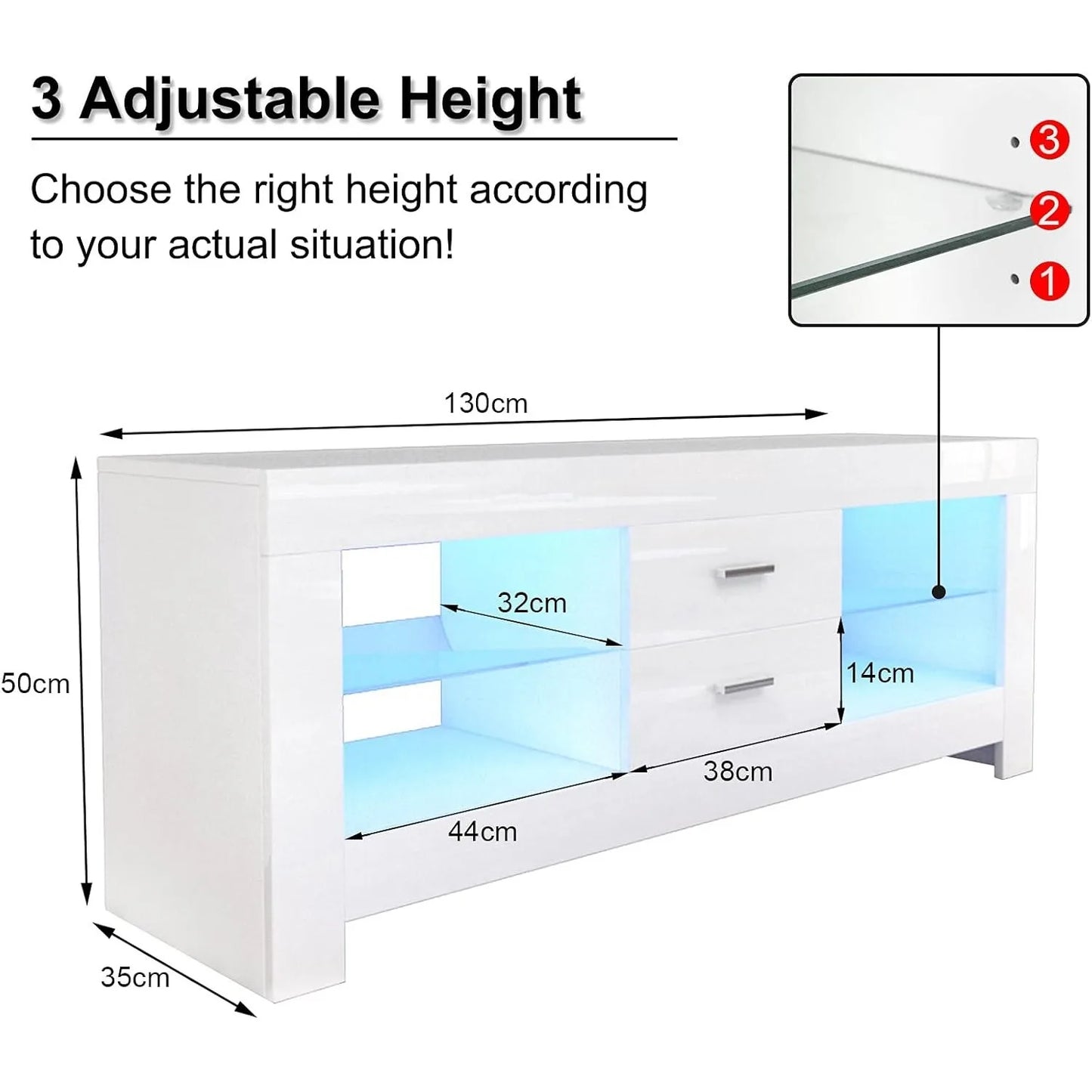 LED TV Stand Cabinet with Drawer and Shelves, 130Cm Modern TV Stand with Lights for 22"-52" Tvs for Living Room, White Cream