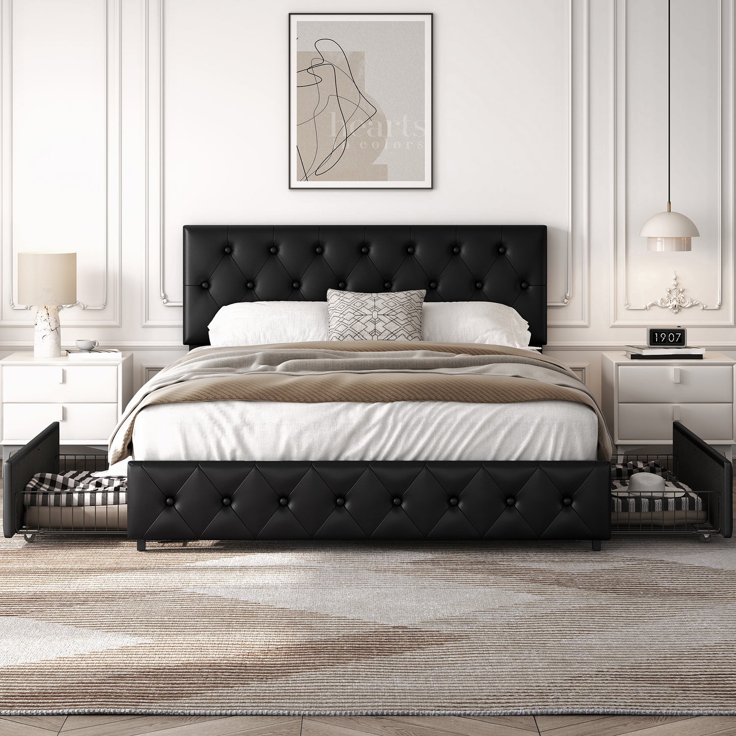 Upholstered Bed Frame with Large Pull-Out Drawers Storage & Height-Adjustable Headboard, Faux Leather