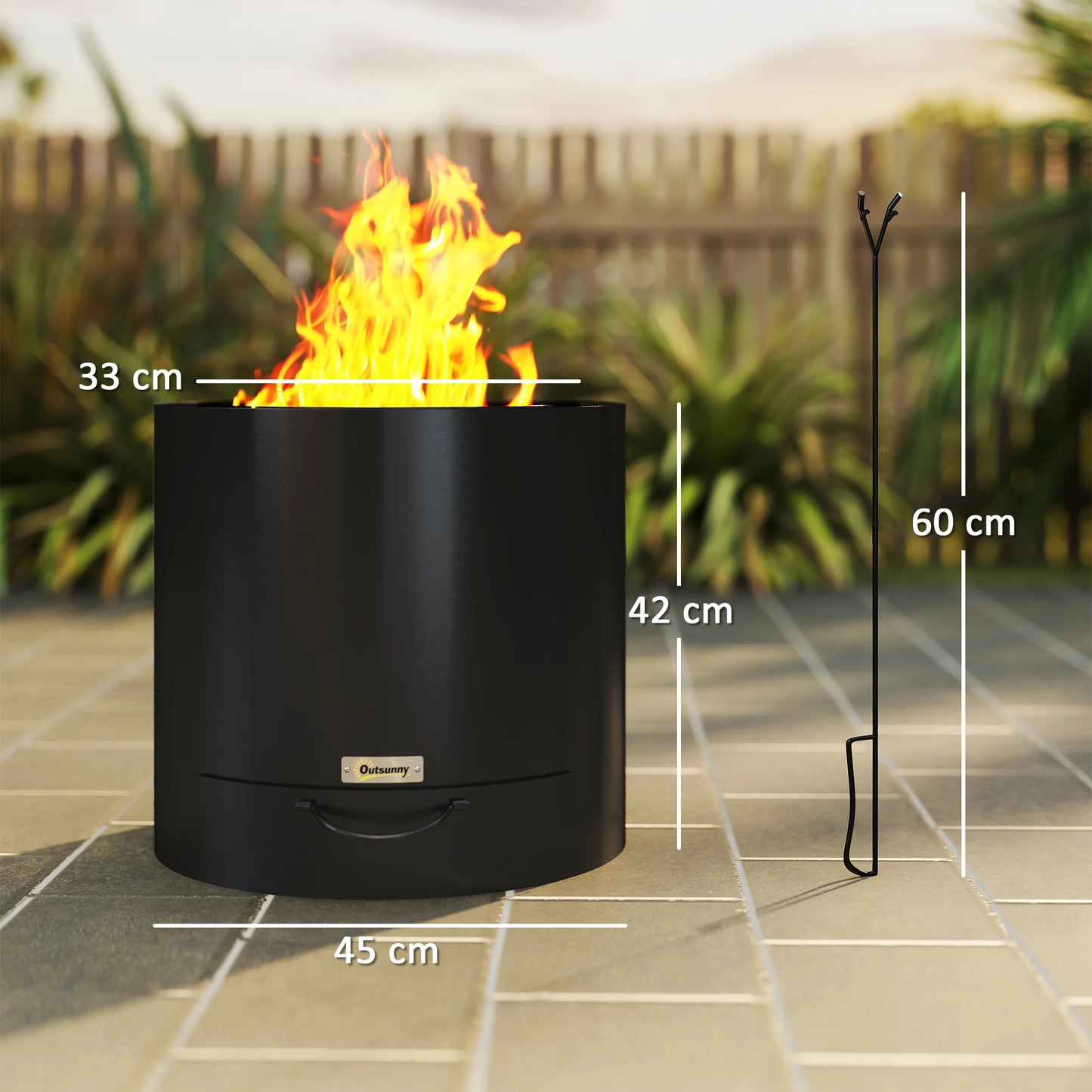 Outdoor round Fire Pit with Ash Tray, Wood Burning Firepit with Fire Poker for Patio Bonfire BBQ Camping, Black