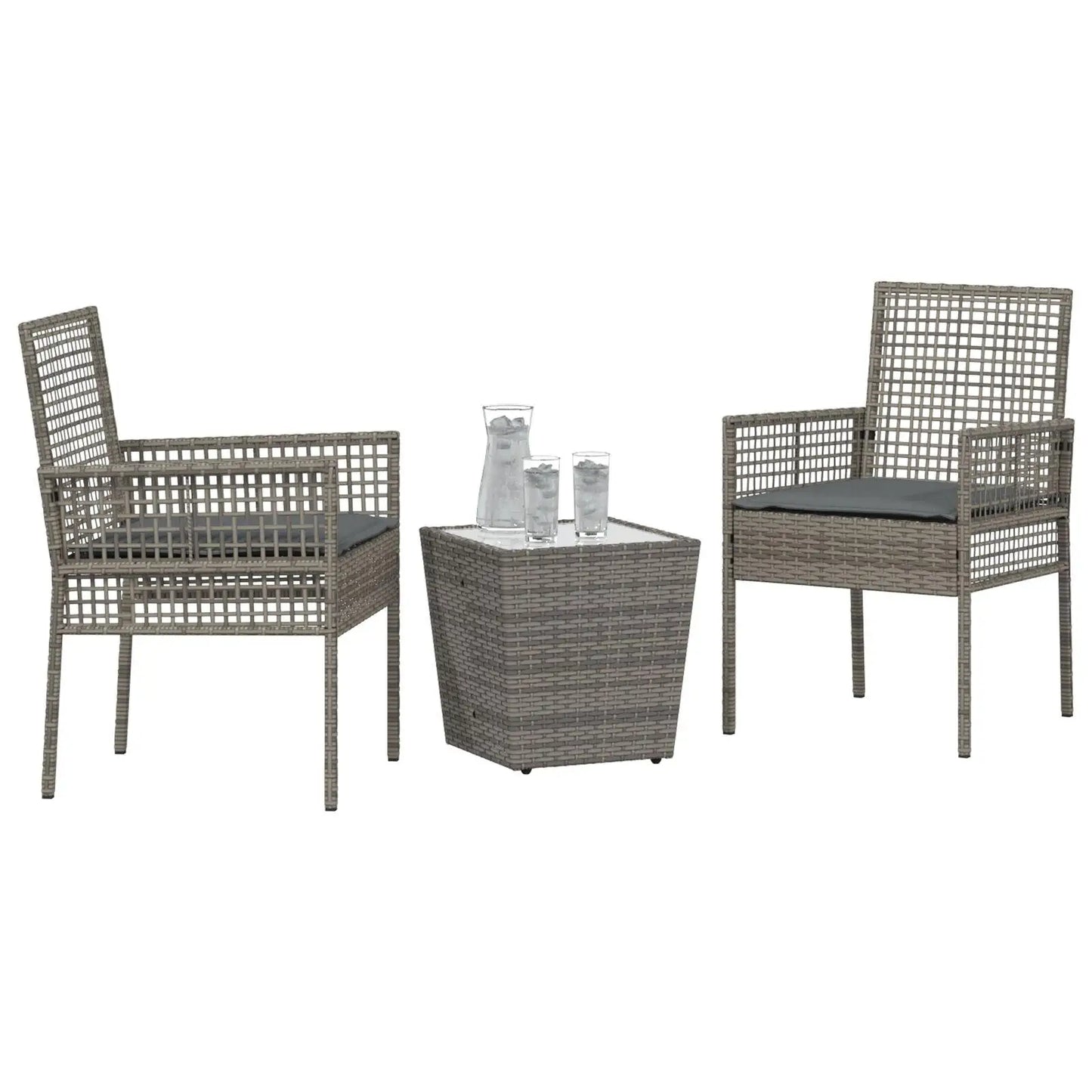 3-Piece Grey Poly Rattan Garden Bistro Set with Cushions for Outdoor Use