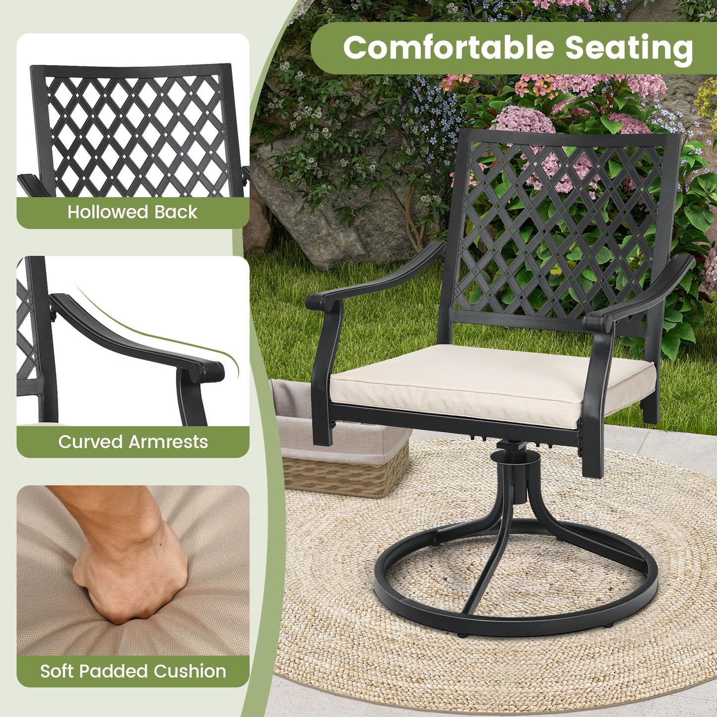 2 Pieces Outdoor Swivel Chair Patio Bistro Dining Chair Set with Soft Seat Cushion