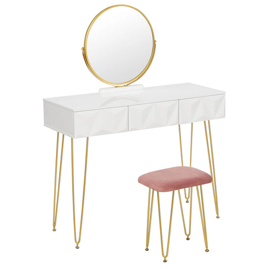 1SET White Gold Dressing Table with 360° Swivel Mirror 3D Effect Velvet Stool Cosmetic Makeup Dressers for Bedroom
