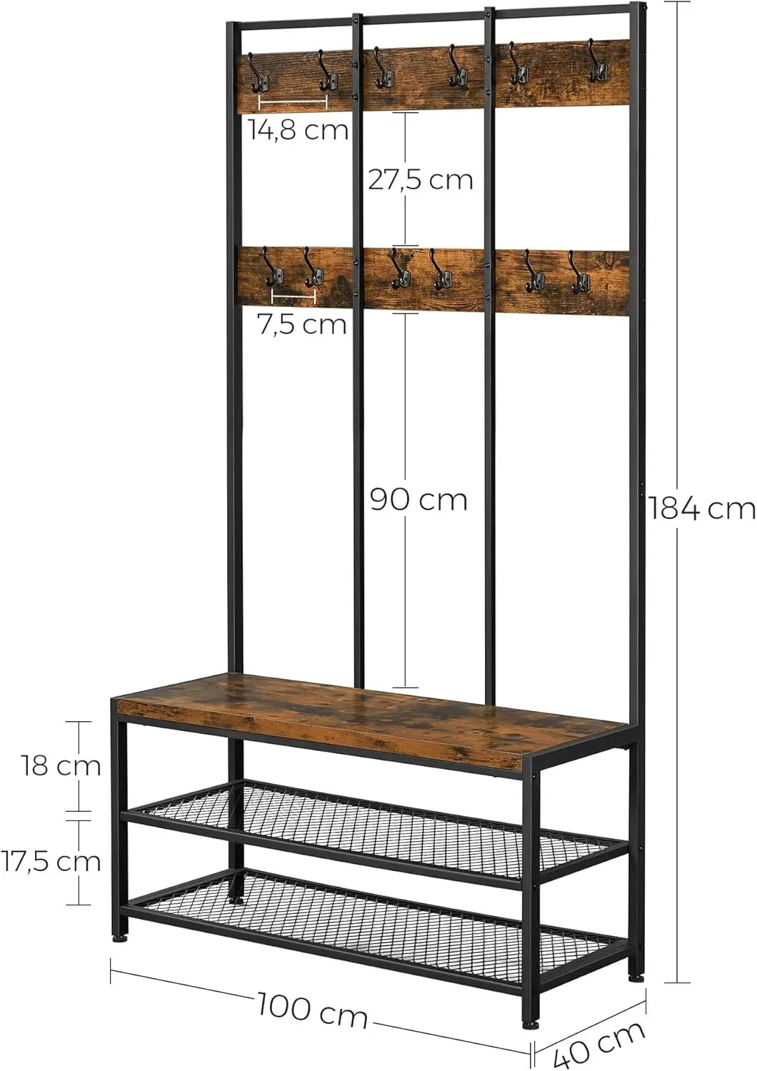 Large Coat Rack, Entryway Cabinet with 12 Hooks and Shoe Bench, Cloakroom Shelf, Office Bedroom, Steel Frame
