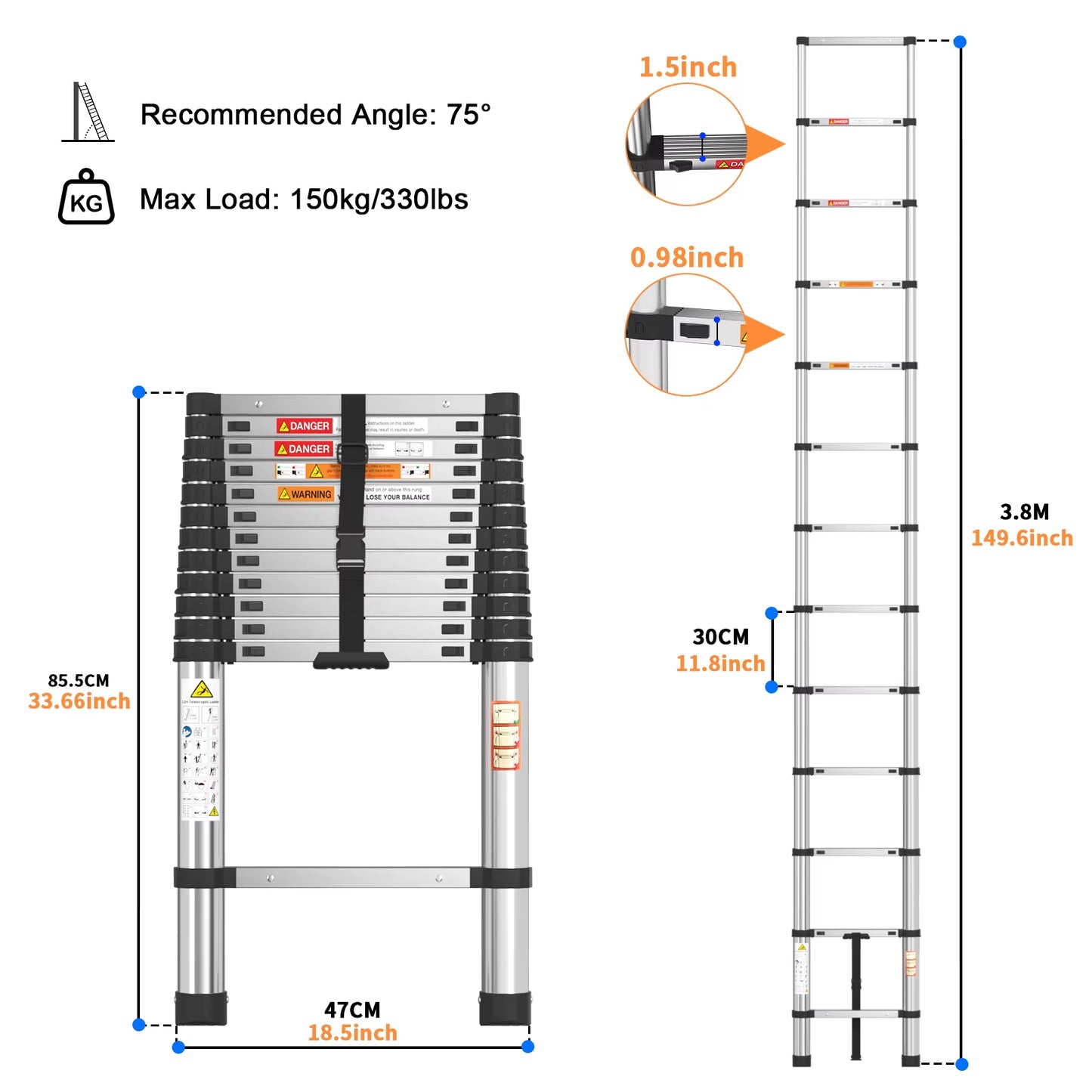 3.8M Telescopic Ladder Stainless Steel Convenient Extendable Folding Ladder,Easy to Carry, Suitable for Pulling Walls, Changing