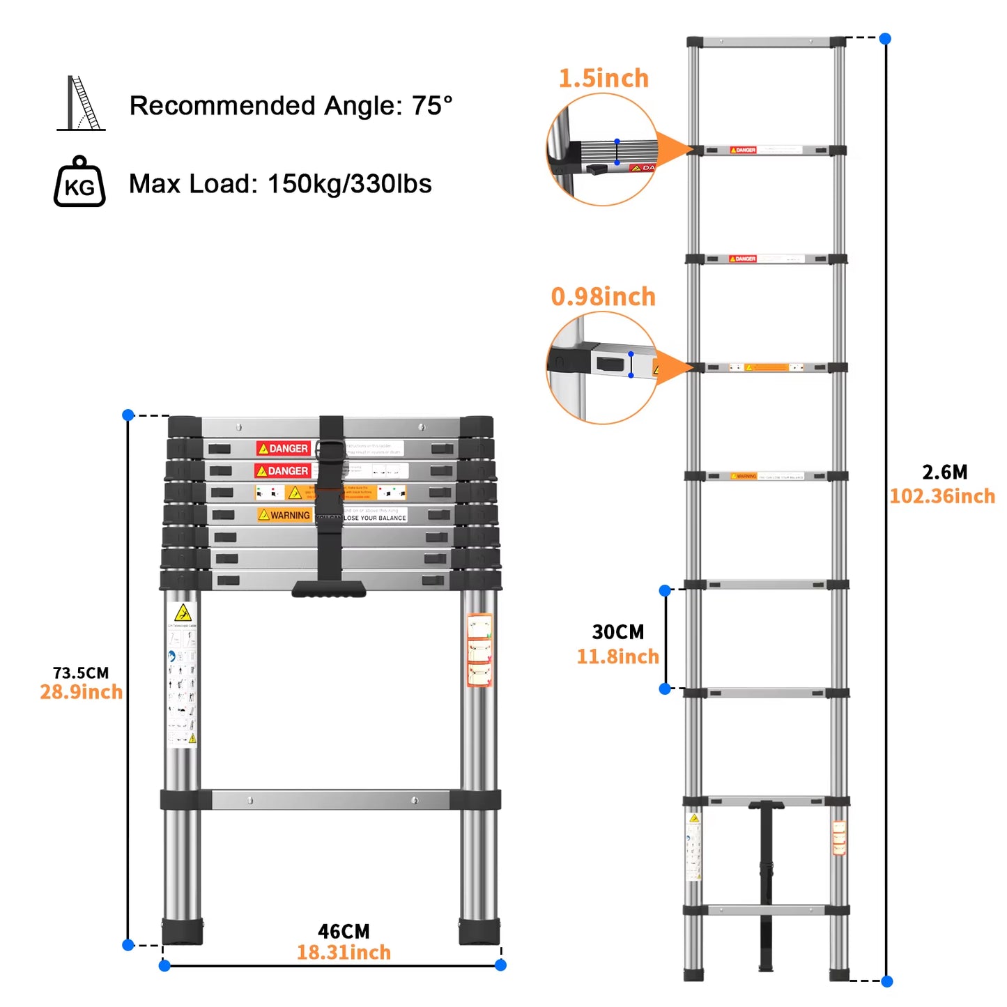 Telescopic Ladder Stainless Steel,Load 150Kg, Convenient Extendable ,For Pulling Walls, Changing Light Bulbs,Repairing Roofs,Rv