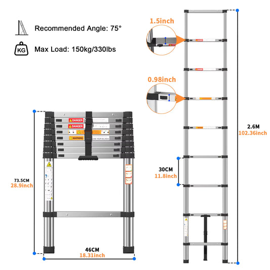 Telescopic Ladder Stainless Steel,Load 150Kg, Convenient Extendable ,For Pulling Walls, Changing Light Bulbs,Repairing Roofs,Rv