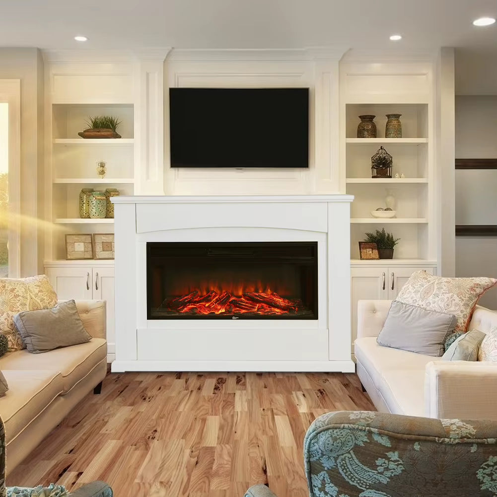 Electric Inset Fireplace Heater Fire Place White Wooden Mantel, 34Inch