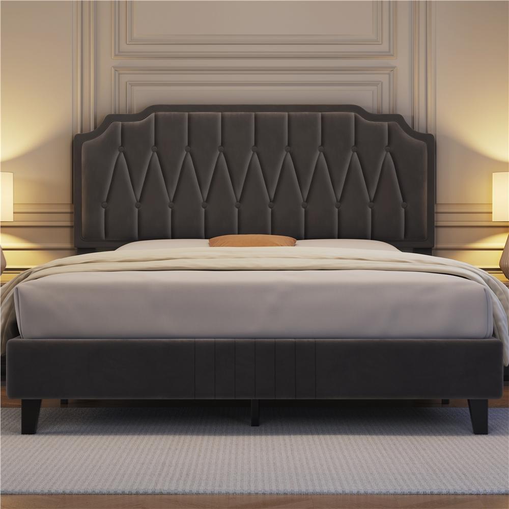 Double/King Bed Frame Upholstered Platform Bed with Adjustable Button Tufted Headboard/Velvet