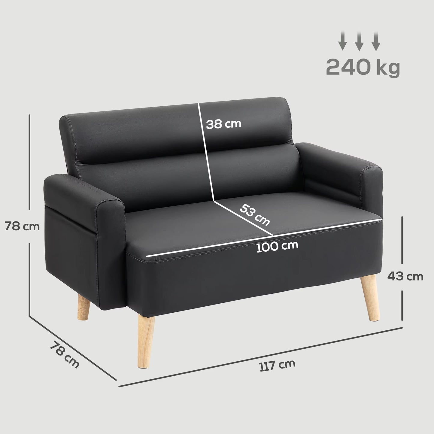 2 Seater Sofa Settee, Modern Faux Leather Couch with Wood Legs