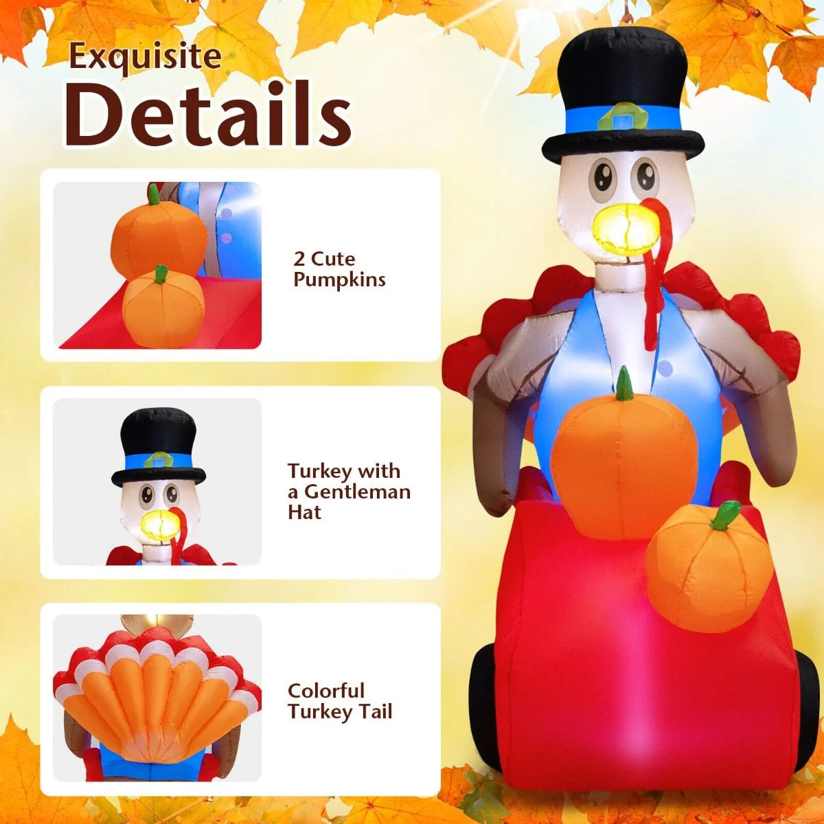 6 Feet Lighted Thanksgiving Inflatable Turkey Pushing Pumpkin Cart