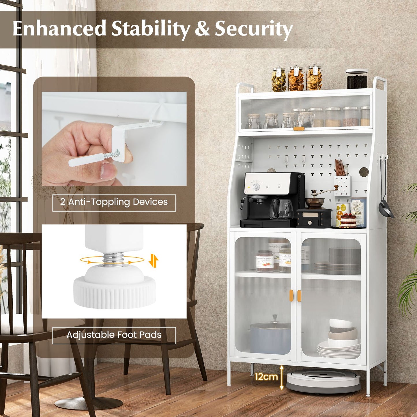 Kitchen Pantry Storage Cabinet Freestanding Baker Rack with Pegboard