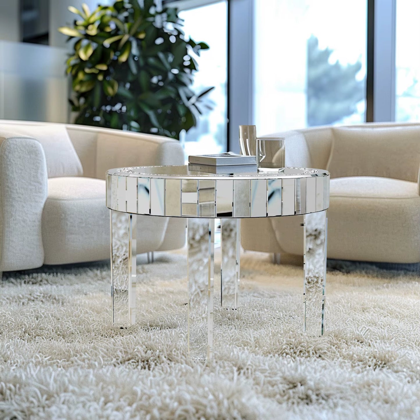 Luxury Modern round Mirrored Accent Side Table with Crystal Diamonds Inlay for Bedside Table
