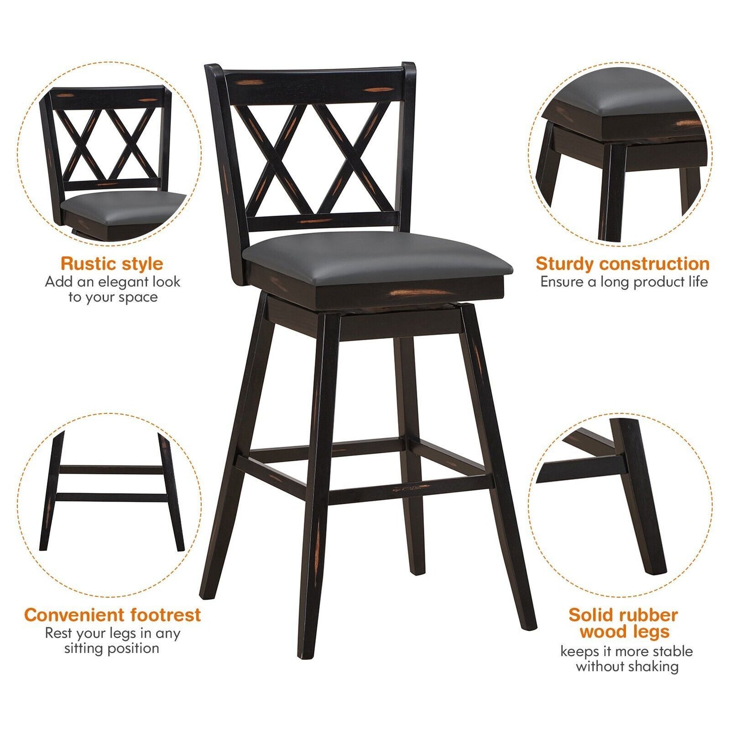 Set of 2 Counter Height Bar Stool with Foot Rest Upholstered Cushion