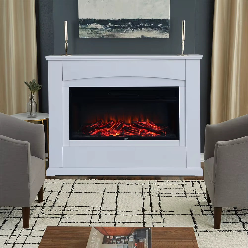 Electric Inset Fireplace Heater Fire Place White Wooden Mantel, 34Inch