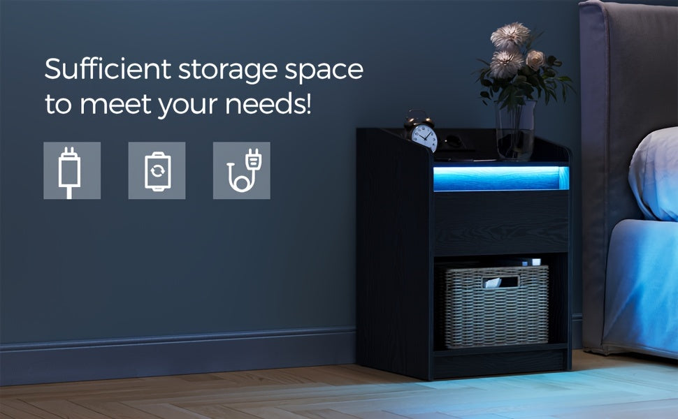 Bedside Table with LED Light - Side Table with Charging Station, 1 Storage Drawer Bedside Table