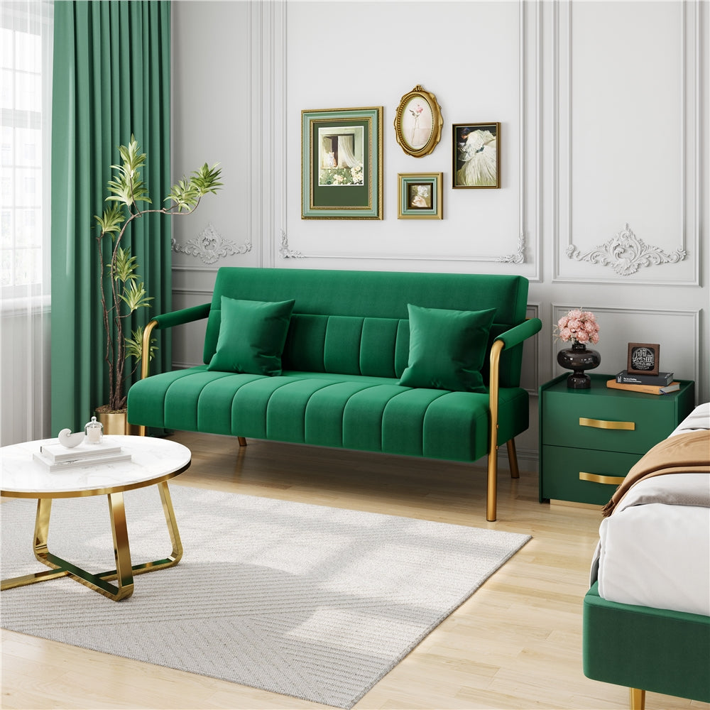 Sofa Couch Modern Velvet 143cm Loveseat with Gold-tone Metal Arms & Legs, Upholstered Design, Includes 2 Pillows