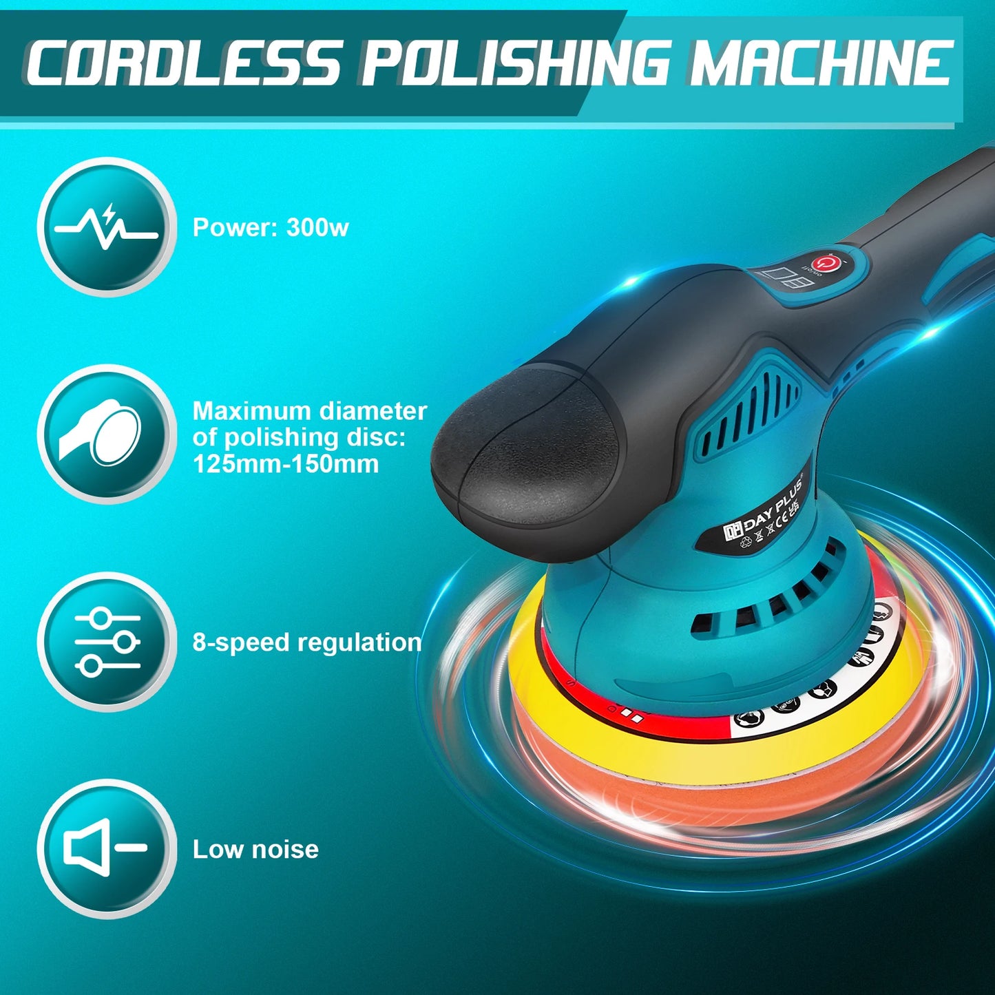 Cordless Car Polisher Buffer Machine, with 2X 2.0Ah Batteries 8 Variable Speed, 125Mm Base for Car Detailing